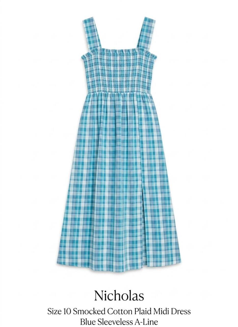 Nicholas Size 10 Smocked Cotton Plaid Midi Dress Blue Sleeveless A-Line